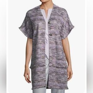 St John Anna Tweed Topper Short Sleeve Jacket Longline Pink Gray Fringe …​​